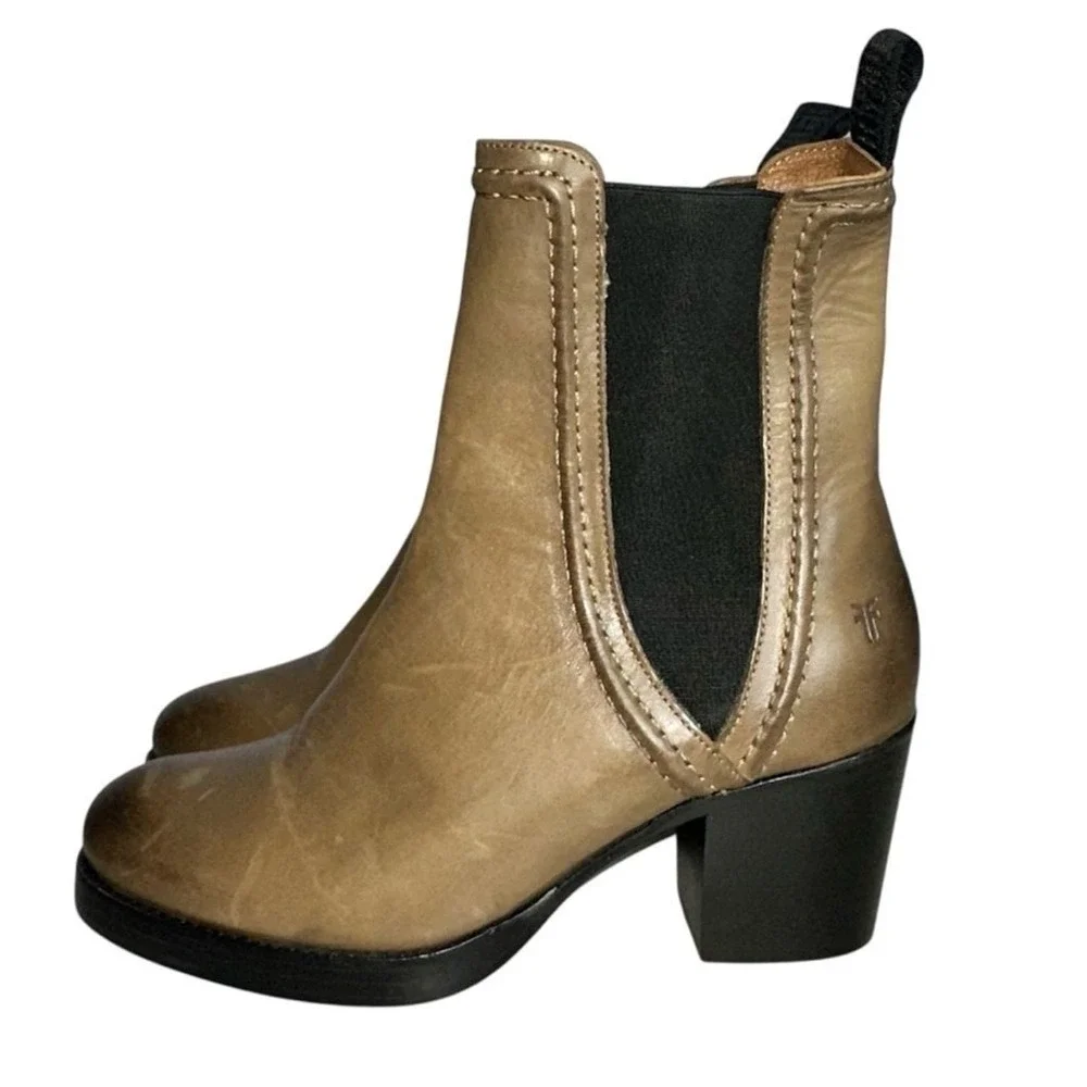 FRYE 8.5 Jean‎ Chelsea Stone Leather Bootie Heeled Pull On Ankle Boots Brown